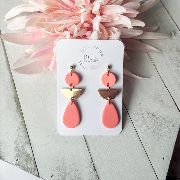 NEW polymer clay earrings HANDMADE by BCKjewelry bright coral statement earrings - Picture 7 of 8